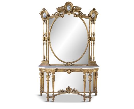 A FRENCH GILTWOOD AND MARBLE TOPPED CONSOLE TABLE, 19th century, with raised mirrored back surmounted by a Sevres type porcel