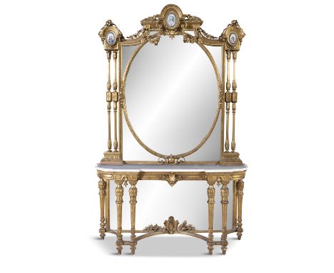 A FRENCH GILTWOOD AND MARBLE TOPPED CONSOLE TABLE, 19th century, with raised mirrored back surmounted by a Sevres type porcel