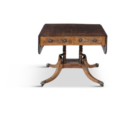 A REGENCY MAHOGANY AND ROSEWOOD CROSSBANDED SOFA TABLE, c.1815, of rectangular form with rounded corners, and extending side 