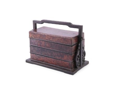 A CHINESE BURL AND HARDWOOD FOUR COMPARTMENT STORAGE BOX, 19th century, of rectangular form, the lidded compartments containe