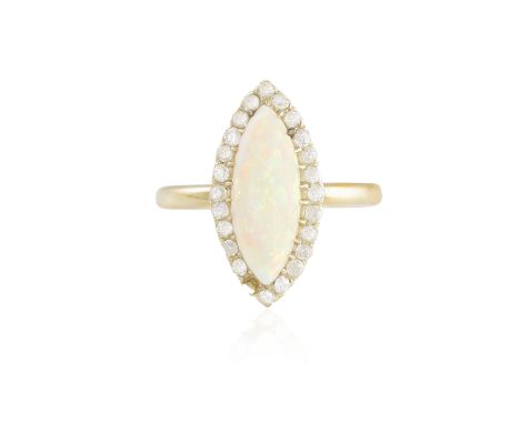 AN OPAL AND DIAMOND CLUSTER RING, the marquise-shaped opal within a surround of old single-cut diamonds, mounted in gold, rin