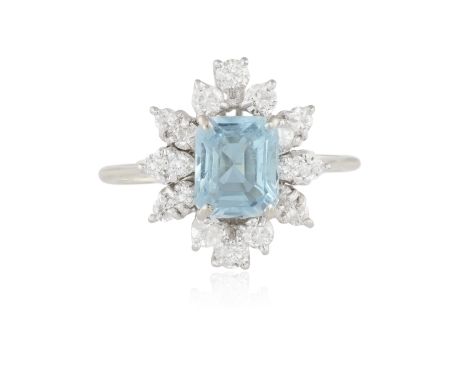 AN AQUAMARINE AND DIAMOND CLUSTER RING, the square-shaped aquamarine set within a surround of round brilliant-cut diamonds, m