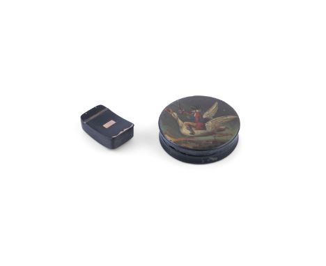 A GEORGE III TORTOISESHELL SNUFF BOX, 6cm long; together with a painted papier mache circular box attributed Stobwasser, Germ