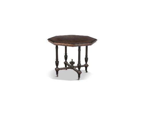 AN AESTHETIC MOVEMENT  BURR WALNUT AND EBONISED OCTAGONAL OCCASSIONAL TABLE, c.1870, the figured top, with ebon borders above