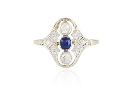 AN EARLY 20TH CENTURY SAPPHIRE AND DIAMOND RING, centrally set with a collet-set sapphire, between two old brilliant-cut diam