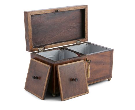 A GEORGE MAHOGANY AND ROSEWOOD BANDED RECTANGULAR TEA CADDY, with hinged cover and compartmented interior, on brass spherical
