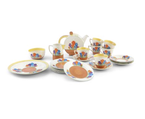 A RARE CLARISE CLIFF BONJOUR SHAPE 'CROCUS' PATTERN PART SERVICE, Circa 1934, beautifully decorated with strong colours, each