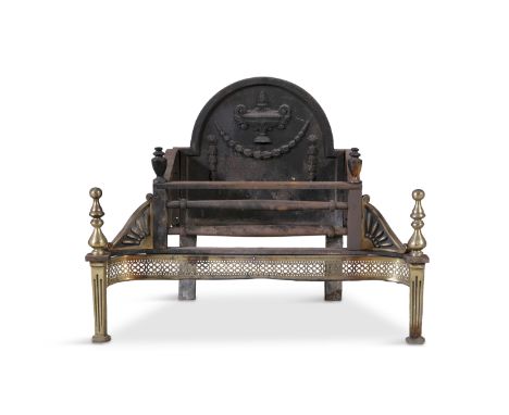 A GEORGE III BRASS AND CAST IRON FIRE GRATE, late 18th Centurythe arched back plate cast in relief with classical urn and pen