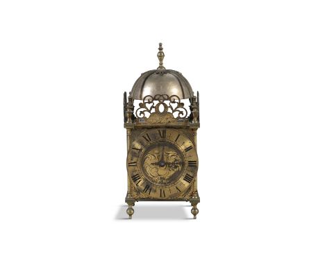 A BRASS CASED LANTERN CLOCK, 19th Centuryin the 17th century style, with silvered bell and arched strapwork, above pierced fr