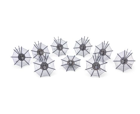 A SET OF NINE CHINESE SILVER NOVELTY PLACE SETTING HOLDERS, each modelled as a web and centred with a spider on easel back st
