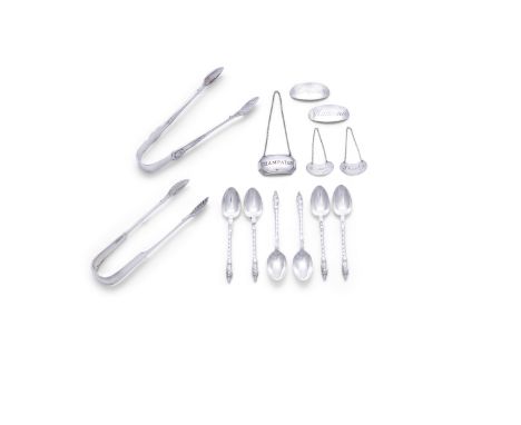 A COLLECTION OF SILVER ITEMS, including: a set of six silver 'apostle' coffee spoons; a pair of silver decanter labels, and t