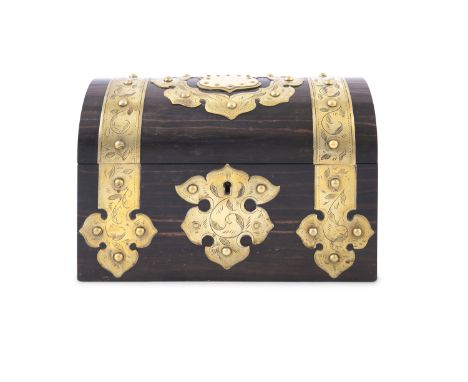 A 19TH CENTURY CALAMANDER AND BRASS STRAPWORK TEA CADDY, the domed top with ivory crest reserve, maple lined interior, decora