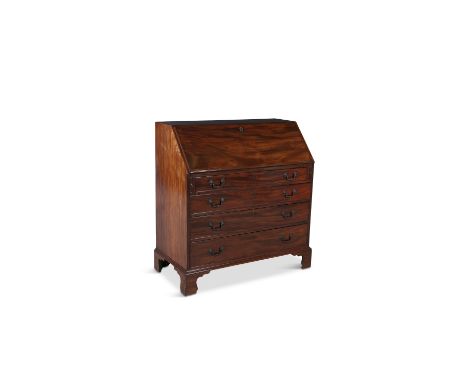 A MAHOGANY SLOPEFRONT BUREAU, the interior fitted with pigeon holes and drawers, with fall front leather scriver, above a che