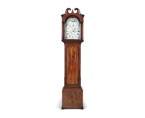 A 19TH CENTURY MAHOGANY LONGCASE CLOCK, the hood with swan neck pediment and fluted columns, containing painted dial with flo