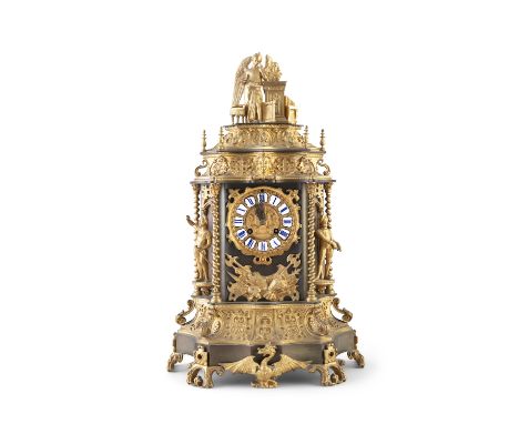 A FINE FRENCH GILT METAL FIGURAL MANTLE CLOCK, 19TH Centuryin the Baroque style, surmounted with a winged figure allegorical 