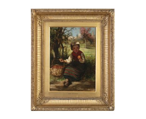 JAMES HAMILTON ARSA (1860 - 1932)Girl in apple orchardOil on canvas, 34.5 x 24.5cm Signed and dated 1881; Signed verso 