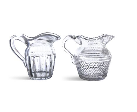 THE JAMESON COLLECTIONA WATERFORD STEPPED AND DIAMOND CUT WATER JUG, c.1830 (chip to spout); and another, pillar cut, 17.5cm 