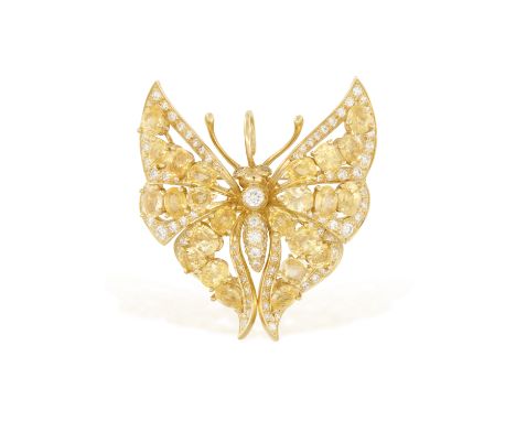 A GEM-SET BROOCH, BY MEISTERDesigned in the form of a butterfly, set throughout with oval-shaped yellow sapphires, highlighte