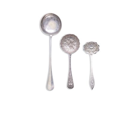 A CONTINENTAL SILVER HANOVERIAN PATTERN SOUP LADLE, stamped 800. standard, 32cm long; a French bright cut sauce ladle; with a