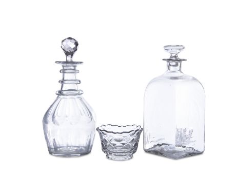 THE JAMESON COLLECTIONA SQUARE SPIRIT DECANTER AND STOPPER, a triple ring-neck decanter, and a flat cut salt cellar. (3)This 