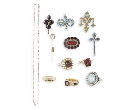 A GROUP OF JEWELLERY, including a Victorian serpent turquoise brooch, a turquoise-colour stones dagger brooch, a garnet penda