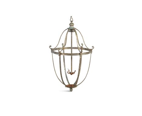 A GEORGIAN STYLE BRASS FRAMED HALL LANTERN, of ovoid form, fitted with six etched glass segments hung from a domed scrollwork