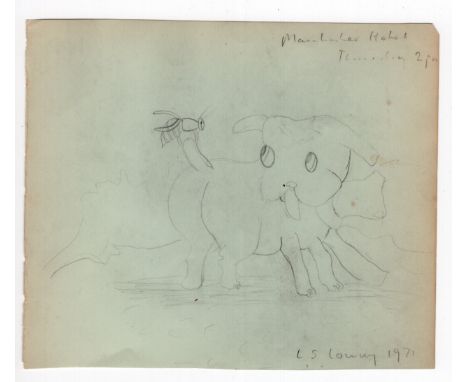 L S Lowry 1971 pencil sketch of a wasp on a dogs tail (Manchester Hotel) - 13.8cm x 16.4cm ~ Laurence Stephen Lowry (1887–197