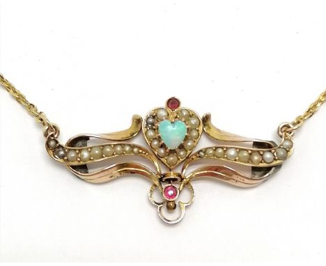 18ct marked gold necklet with antique unmarked gold centre made from brooch set with heart shaped opal, red stone &amp; pearl