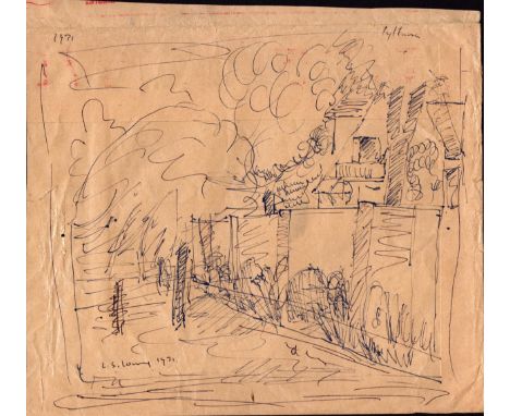 L S Lowry 1971 pen sketch of some building + trees - approx 25cm x 27.5cm and has some creasing + 2cm tear on left hand edge 