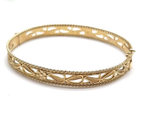 9ct hallmarked gold bangle with pierced detail - 5.5cm diameter &amp; 10.2g - SOLD ON BEHALF OF THE NEW BREAST CANCER UNIT AP