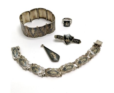 Silver Siamese niello jewellery - 2 bracelets, ring, pendant &amp; unmarked tie clip - total weight 65g 