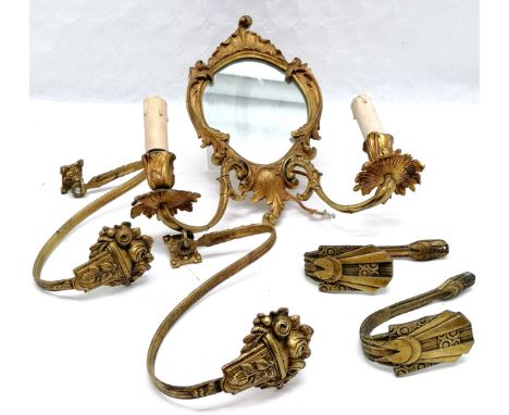 Antique French gilded mirrored wall light 34 cm high, 33 cm wide, t/w a pair of gilded metal Art Deco tie backs, and another 