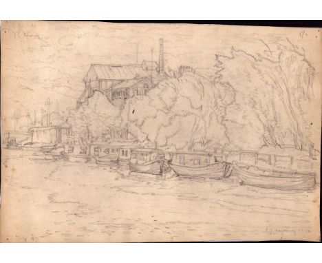 L S Lowry mounted 1950 pencil sketch a building next to a river with barges / boats at edge - page 26.9cm x 38.9cm and has so
