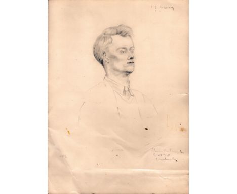 L S lowry pencil sketch of a mans head + shoulders - 38.5cm x 28cm and has a 2.5cm tear on the right hand edge ~ Laurence Ste