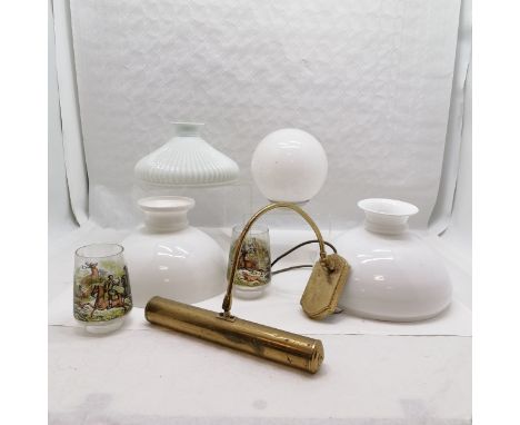 Antique fluted milk glass shade, has a rim chip, 30 cm diameter, 17 cm high, 3 other milk glass shades, 2 hunting decorated s