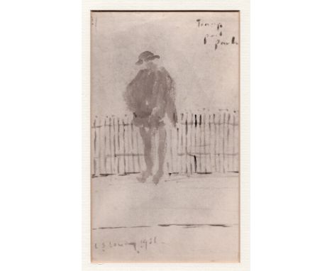 L S Lowry 1956 mounted watercolour sketch of a tramp near park railings, writing to the reverse - drawing 18.6cm x 11.8cm ~ L