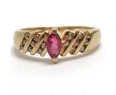 9ct hallmarked gold ruby (marquise) &amp; diamond ring - size M &amp; 2.7g total weight 