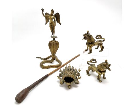 Pair of Burmese metal lion dogs (12.5cm high), Burmese metal incense burner, bamboo swagger stick &amp; brass cobra with ange