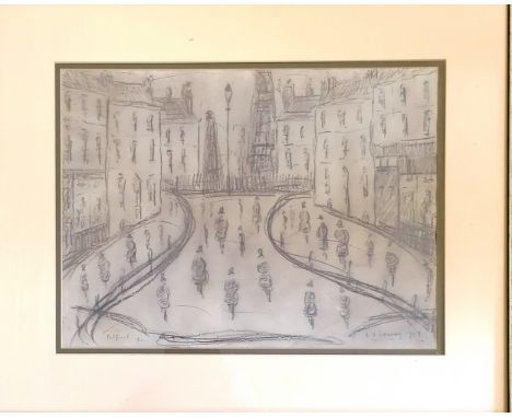 L S Lowry 1959 mounted drawing of lots of figures wearing hats surrounded by buildings (with sketch of church on reverse) - m