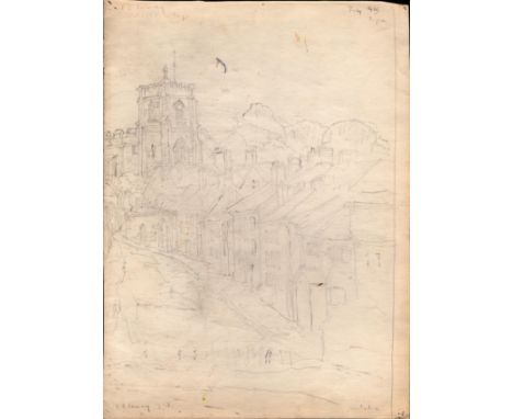 L S Lowry mounted 1958 sketch of buildings with castle - 38cm x 28cm and has some pinholes ~ Laurence Stephen Lowry (1887–197