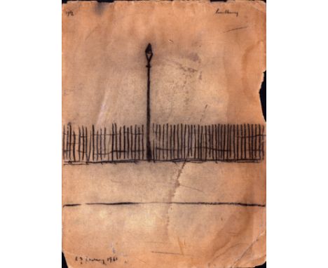 L S Lowry 1961 drawing of a lamp post + railings - 28.4cm x 22cm and has some small losses to edging ~ Laurence Stephen Lowry