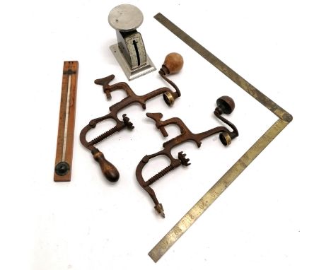 Antique Edward Preston &amp; Sons 24inch folding brass rule, 2 antique cartridge loaders, spring letter balance by M.M.S limi