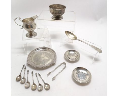 Collection of silver inc card salver with engraved decoration (15cm), Victorian table spoon, half fluted sugar basin, cream j