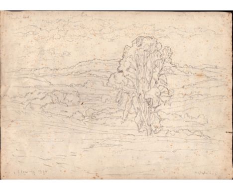L S lowry mounted 1960 pencil sketch of countryside + tree drawn 'with Sheila Fell' - 27.9cm x 38.2cm and has some toning ~ L