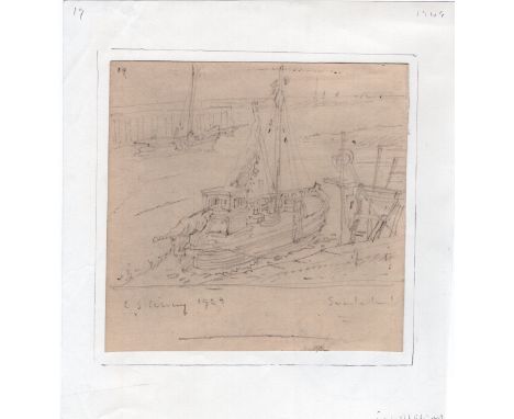 L S Lowry mounted 1949 pencil sketch of Sunderland harbour with fishing boat, has part of a drawing of a car to the reverse- 