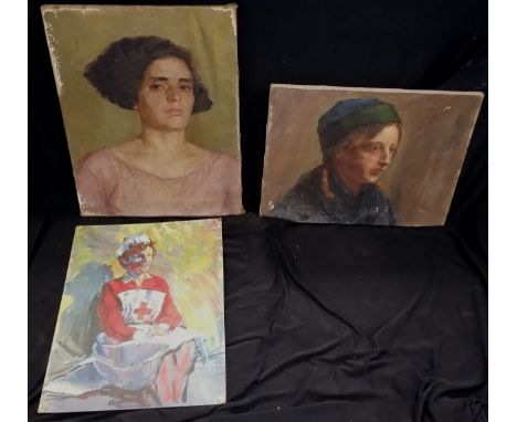 3 x portrait paintings ~ Scottish school (?) oil on Glasgow canvas of a lady (45cm x 35cm and has slight blooming &amp; losse