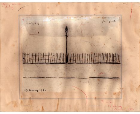 L S Lowry 1950 drawing of a lamp post + railings - page 28.3cm x 36cm and has some old paper remainder to the front ~ Laurenc