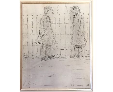 L S Lowry 1956 mounted pen and ink of 2 smoking figures in front of railings (with sketch on reverse of smoking man with a ca