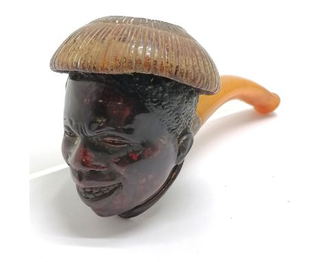 Antique blackamoor meerschaum pipe with amber mouthpiece - 11cm long 
