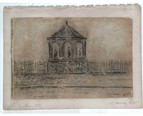 L S Lowry 1951 mounted signed pencil sketch of a bandstand with 3 figures - mount is also signed &amp; annotated front &amp; 